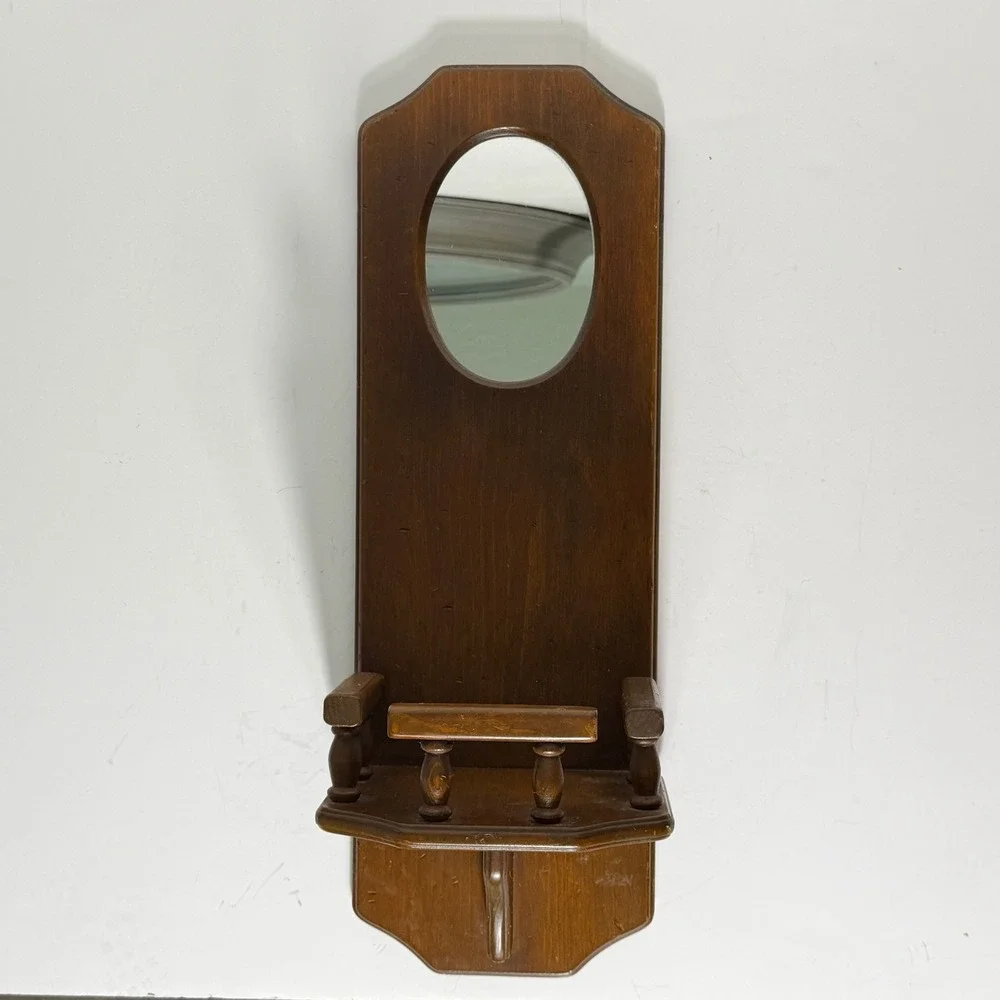 Vintage Early American Wood Wall Mirror Shelf Brown Rustic Farmhouse Home Decor